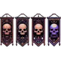 four banners with skulls on them are hanging on a white background