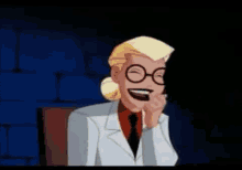 the joker is laughing while a woman sits next to him in a cartoon .