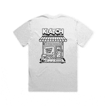 a white t-shirt that says kacey 's coffee shop on the back