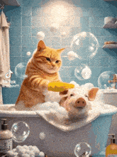 a cat is washing a pig in a bathtub with bubbles coming out of the bathtub