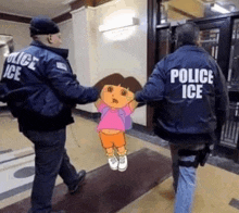 a police officer is holding a cartoon character named dora .