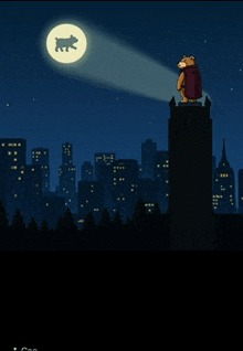 a teddy bear in a cape stands on top of a tower in front of a city at night