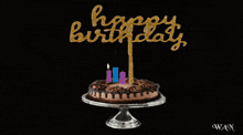 a cake with candles and a happy birthday sign