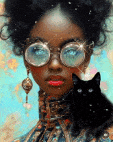 a painting of a woman wearing glasses with a black cat