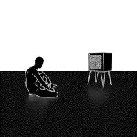 a black and white drawing of a man sitting on the floor in front of a television .