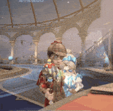 a man in a plaid hat holds a doll in a room with arches