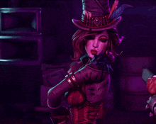 a woman in a top hat holding a gun