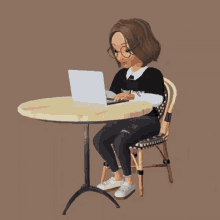 a cartoon girl is sitting at a table using a laptop computer