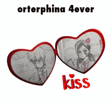 a heart shaped mirror with drawings of a boy and a girl and the words kiss underneath