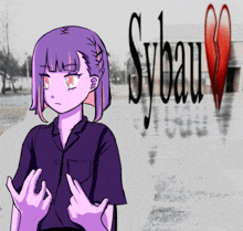 a girl with purple hair is standing in front of a sign that says syeau