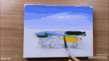a painting of a car is being painted on a canvas with the words wow art below it