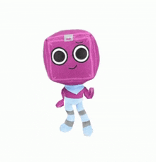 a purple stuffed toy with a square head and big eyes is standing on a white background