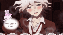 a cartoon of a boy with a pink bunny and the words naguito cuando ve a cher