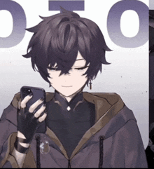 a drawing of a person holding a cell phone with the letter o behind him