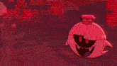 a cartoon character with a crown on his head is holding a sword in a red background .