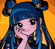 a cartoon drawing of a girl with blue hair and braids with the word haze behind her