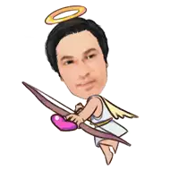 a cartoon of a man with wings and a halo holding a pink splash