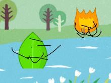 a cartoon of a green leaf and a fire