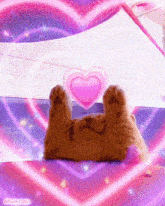 a cat is laying on its back with a pink heart above its head