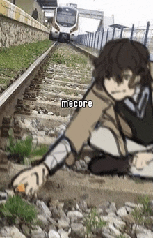 a person is kneeling on the ground next to train tracks with a train in the background .