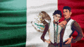 two men are standing in front of a mexican flag with an eagle on it