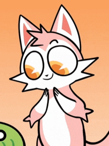 a cartoon of a pink and white cat with big eyes