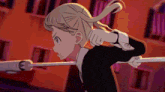 a girl with a ponytail is holding a sword