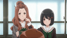 two anime girls are standing next to each other and one has her hand on her chin