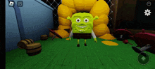 a cartoon character named shrek is standing in front of a pile of barrels