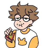 a cartoon drawing of a person holding a piece of pizza