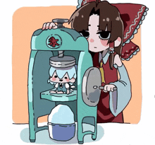 a cartoon of a girl in a red and white outfit making ice