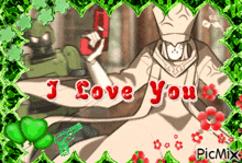 a picture of a man holding a gun with the words " i love you " on it