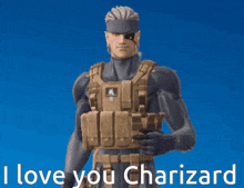 a man in a military uniform is holding a gun and says i love you charizard