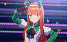 a girl with long brown hair is wearing a green outfit