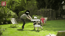 a man playing with a dog that says my liquidity $ dog on the screen