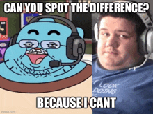 a man wearing headphones next to a cartoon character that says can you spot the difference