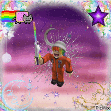 a picture of a roblox character holding a sword with a unicorn on it