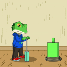 a cartoon of a lizard pumping a green cylinder