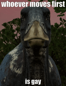 a picture of a dinosaur with the words whoever moves first is gay