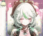 a girl with white hair and green streaks is wearing a hat and necklace