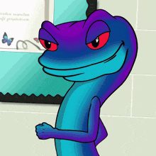 a purple lizard with red eyes stands in front of a bulletin board with a picture of butterflies on it