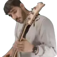a man is playing a bass guitar with a watch on his wrist