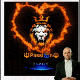 a man in a suit stands in front of a poster that says passion family
