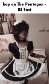 a girl in a maid costume is dancing in a room with a caption that says hop on the pentagon us east