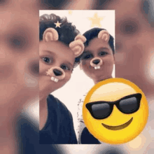 two young boys wearing teddy bear masks and sunglasses are taking a selfie .