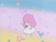a little girl with pink hair and a white dress is dancing on a pink and blue background with stars .