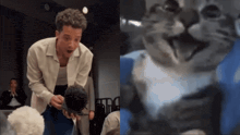a man holding a microphone next to a picture of a cat with its mouth open