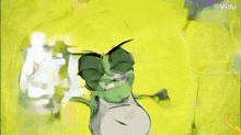 a cartoon frog with a very angry face is standing in front of a bunch of papers .