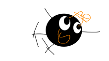 a cartoon drawing of a black circle with big eyes and a smiley face