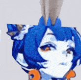 a drawing of a girl with blue hair and orange eyes .